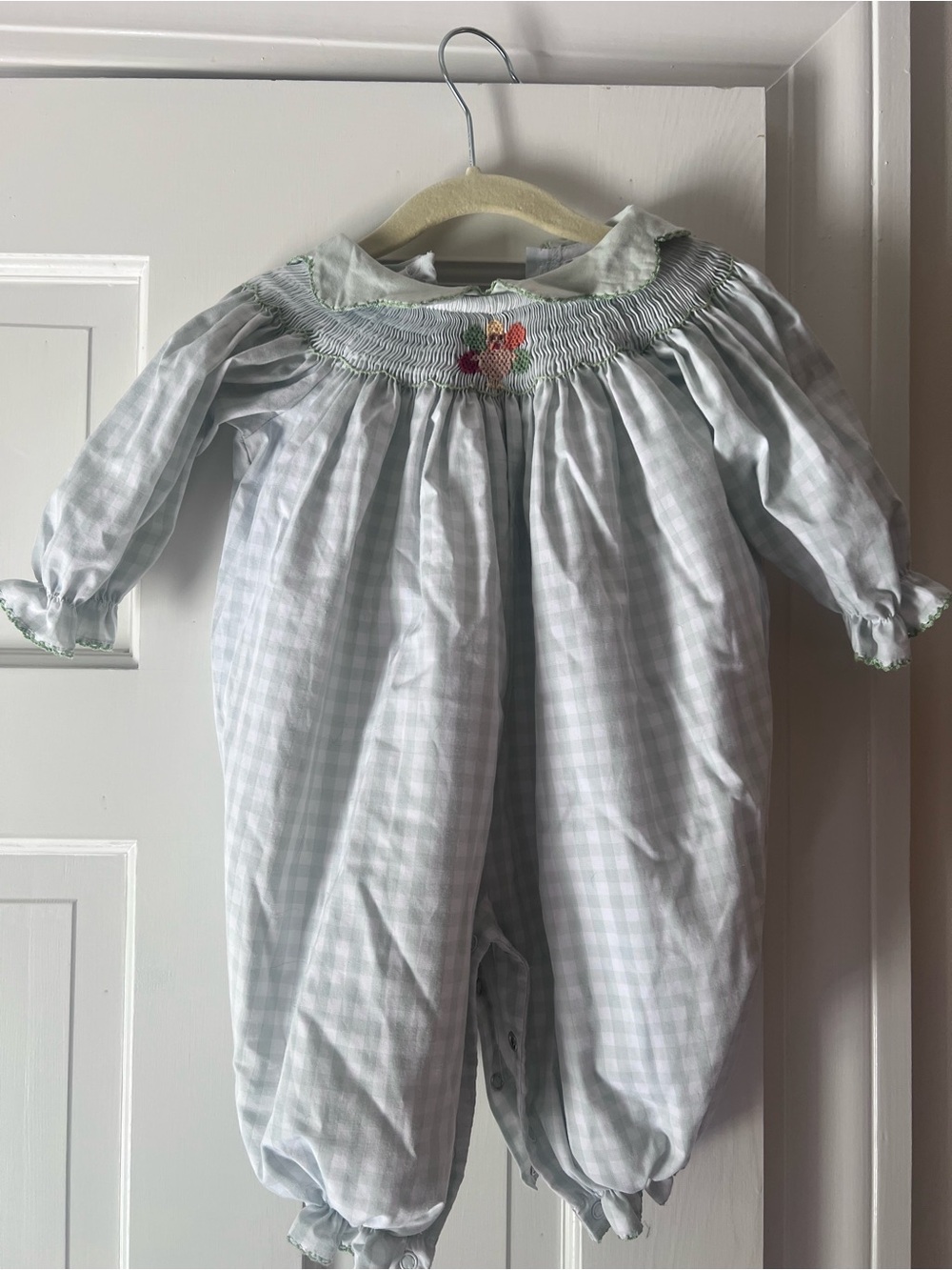 Smocked Baby Romper in Pale Mint Gingham with Turkey Embroidery